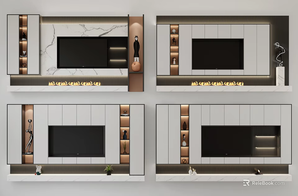 Modern TV Background Wall Design With Marble Panel And Storage Cabinets 3d model 