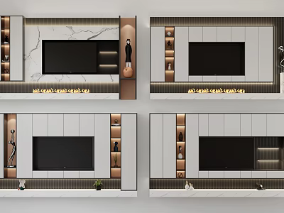 Modern TV Background Wall Design With Marble Panel And Storage Cabinets 3d model