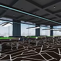 Modern Billiard Room Interior With Multiple Green Tables Ceiling Lights And Geometric Flooring 3d model