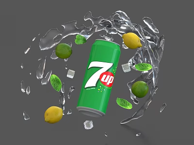 Refreshing 7Up Drink with Ice Cubes Lemon Lime and Mint Leaves in Splashing Water 3d model