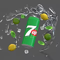 Refreshing 7Up Drink with Ice Cubes Lemon Lime and Mint Leaves in Splashing Water