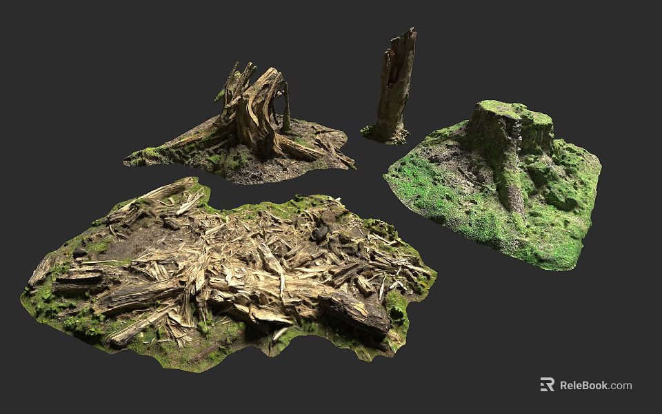 Natural Scene With Tree Stumps Moss Covered Dead Wood And Green Grass 3d model 