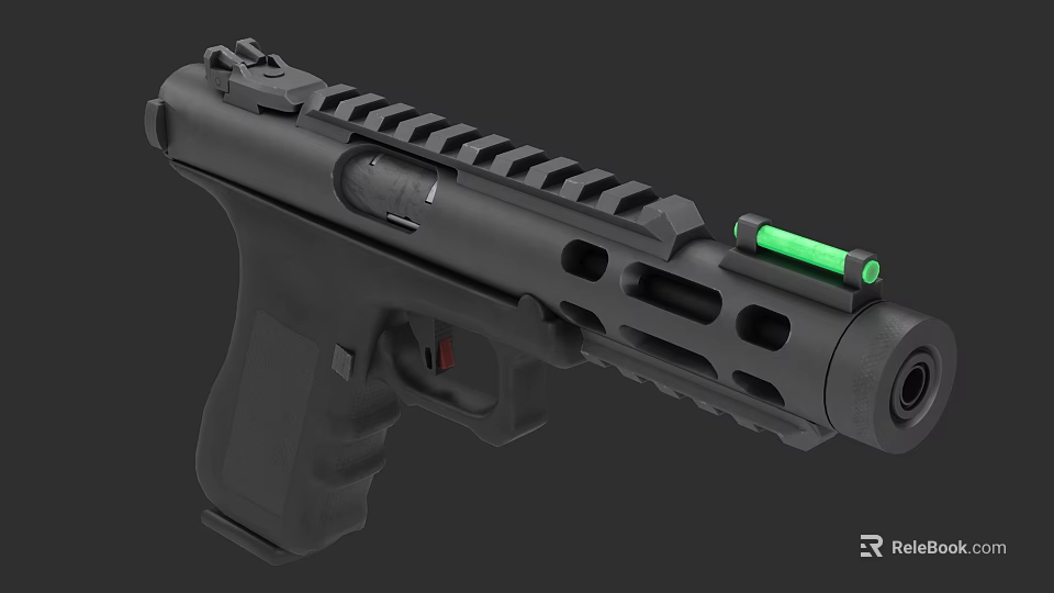Black Tactical Handgun With Green Sight Textured Grip Top Rail And Side Cutouts 3d model 