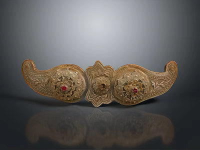Golden Ornament Decorative Set with Intricate Floral Patterns and Red Gemstone Accents 3d model