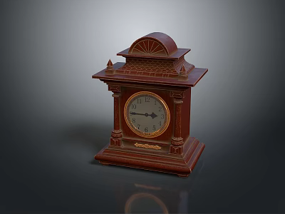 Vintage Wooden Mantel Clock With Carved Details Round Dial And Antique Design 3d model