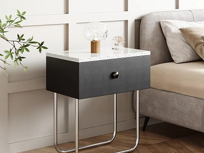 Stylish Modern Nightstand Featuring Black Cabinet White Marble Top Metal Frame And Decorative Glass Vase 3d model