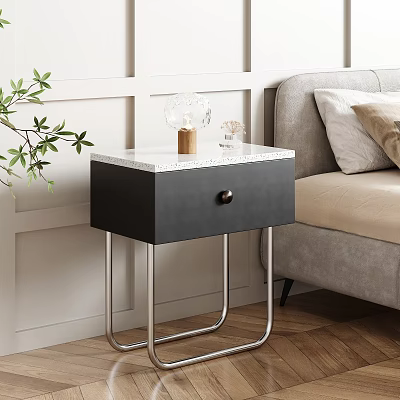 Stylish Modern Nightstand Featuring Black Cabinet White Marble Top Metal Frame And Decorative Glass Vase 3d model
