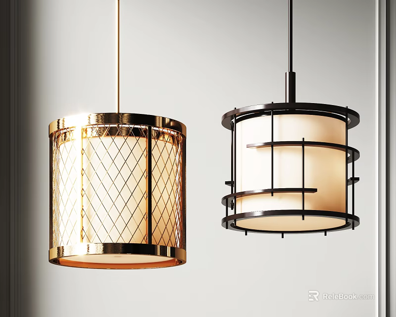 Two Stylish Pendant Lights Featuring Golden Diamond Lattice And Black Layered White Shades 3d model 