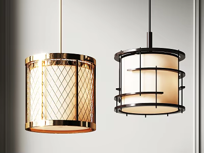 Two Stylish Pendant Lights Featuring Golden Diamond Lattice And Black Layered White Shades 3d model