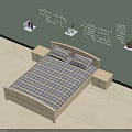 Double Bed With Wooden Frame Plaid Bedspread Bedside Tables And Wall Shelves