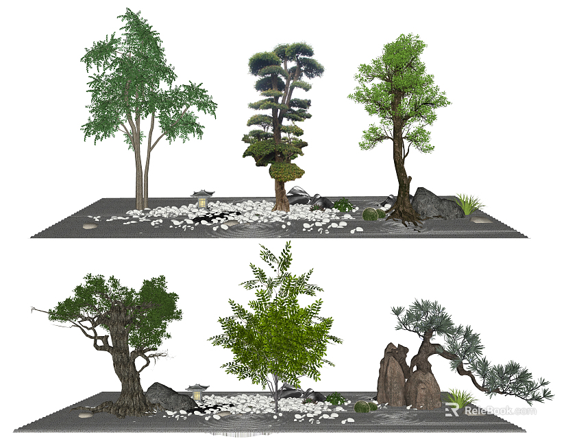 Various Types of Trees in Garden Landscape Design With Stones and Pebbles 3d model 