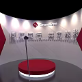 Event Venue Layout With Red Backdrop And Arranged White Seating Areas 3d model