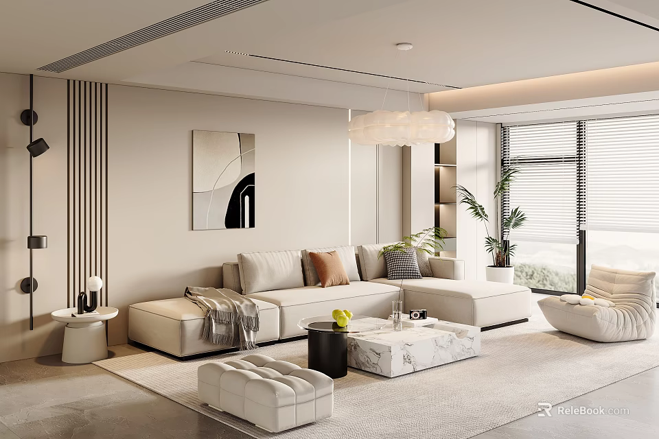 Modern Living Room Interior With Beige Sofa Multiple Pillows Coffee Table Pendant Light And Plants 3d model 