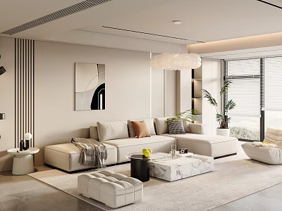 Modern Living Room Interior With Beige Sofa Multiple Pillows Coffee Table Pendant Light And Plants 3d model