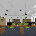 Contemporary Conference Room Interior With Green Walls Blue Chairs Glass Partition And Pendant Lights