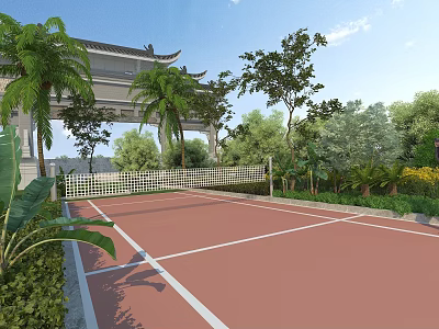 Red Road Facilities With White Lines Green Trees And Fence Surroundings 3d model