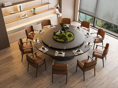 Elegant Modern Round Dining Table Set with Brown Chairs Green Centerpiece Natural Light through Window 3d model