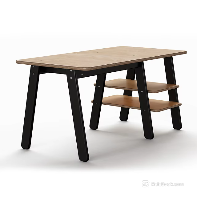 Modern Dining Table With Wooden Tabletop Black Legs And Multi Tier Shelves 3d model 