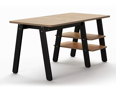 Modern Dining Table With Wooden Tabletop Black Legs And Multi Tier Shelves 3d model