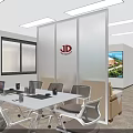 Modern Conference Room With White Table Chairs Laptop Glass Partition JD Logo Sofa Frosted Window