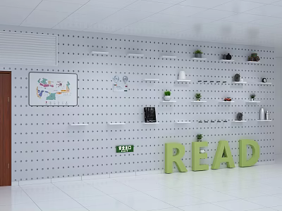Pegboard Wall Decor With White Shelves Green Plants And READ Letters 3d model