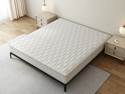Modern Quilted Mattress On Black Metal Bed Frame With Nightstands And Carpet 3d model