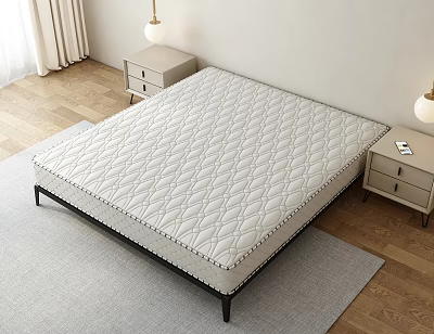 Modern Quilted Mattress On Black Metal Bed Frame With Nightstands And Carpet 3d model