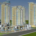 Modern High Rise Residential Buildings With Geometric Facade Curved Roof And Low Rise Structures