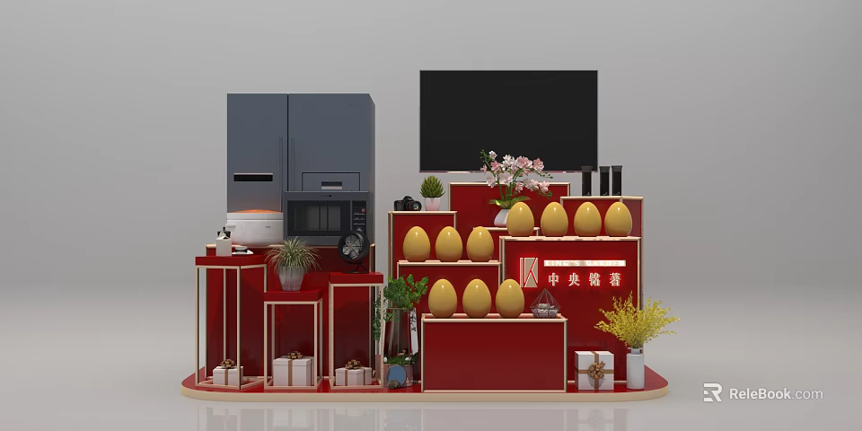 Central Reserve Display With Red Shelves Yellow Fruits Appliances And Gifts 3d model 