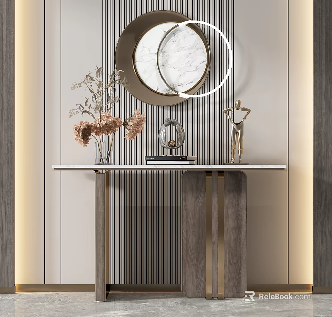 Elegant Modern Console Table With Circular Marble Mirror Dried Flower Vase And Sculpture 3d model 