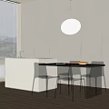 Modern Black Dining Table Set With Red Transparent Chairs Round Pendant Light And White Cabinets