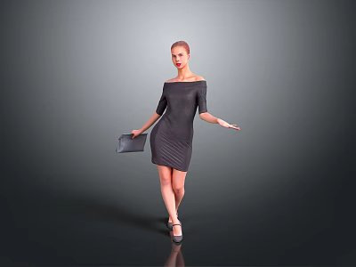 Woman Wearing Off Shoulder Dress with Clutch Bag Striking Elegant Pose on Gray Background 3d model