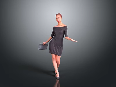 Woman Wearing Off Shoulder Dress with Clutch Bag Striking Elegant Pose on Gray Background 3d model