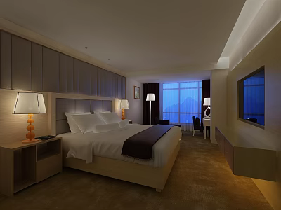 Hotel Guest Room Interior With Large Bed Wooden Headboard Table Lamps And Mountain View 3d model