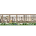 Brown Lattice Garden Wall With Square Decorative Plaques Purple Yellow Flower Beds And Girl Pointing