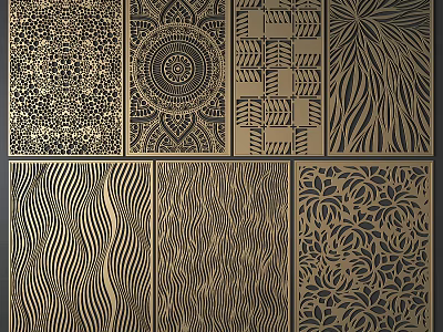 Decorative Room Dividers with Intricate Geometric Floral and Wave Patterns in Laser Cut Metal Panels 3d model