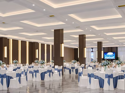 Elegant Banquet Hall With White Blue Tablecloths Arranged Tables Chairs Flower Bouquets And Ceiling Lighting 3d model