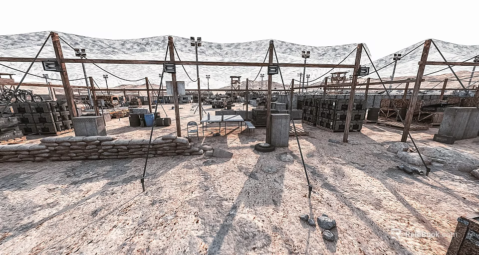 Outdoor Construction Site With Metal Frames Tables Barrels Stone Walls And Sandy Ground 3d model 