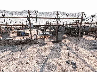 Outdoor Construction Site With Metal Frames Tables Barrels Stone Walls And Sandy Ground 3d model