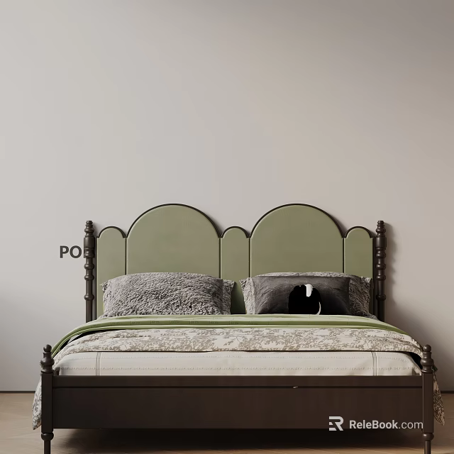 Vintage Green Upholstered Headboard Double Bed With Patterned Pillows And Linen Bedding 3d model 