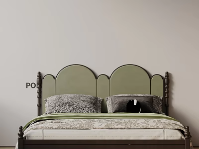 Vintage Green Upholstered Headboard Double Bed With Patterned Pillows And Linen Bedding 3d model