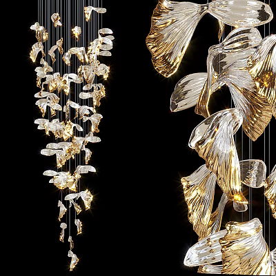 Leaf Shaped Crystal Chandelier With Golden Illuminated Petals For Modern Interior Design 3d model