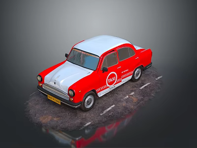 Vintage Red And White Taxi Car With Side View Taxi Logo On Road Surface 3d model
