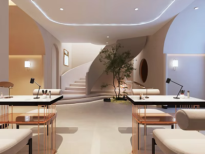 Modern Luxury Beauty Hair Salon Interior With White Tone Curved Design Furniture And Green Plants 3d model