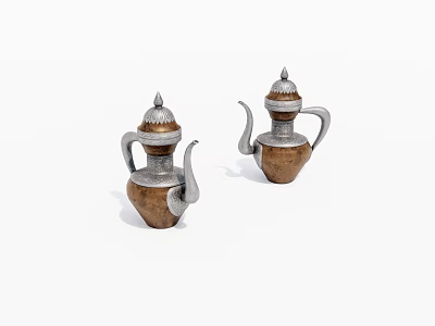Two Copper Silver Teapots With Lid Spout And Handle On White Background 3d model