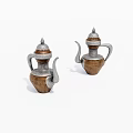 Two Copper Silver Teapots With Lid Spout And Handle On White Background