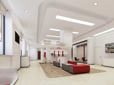 Modern Bank Interior Design With Red Gray Sofas Carpet And Service Counters 3d model