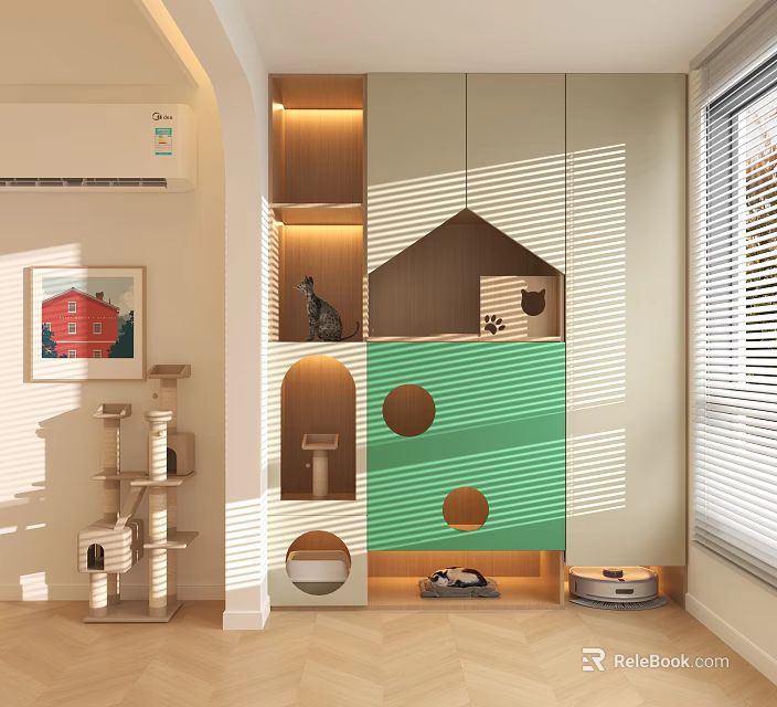 Modern Wooden Multi Level Cat Tree with Perch Scratching Areas and Indoor Pet Furniture 3d model 