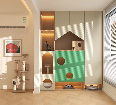 Modern Wooden Multi Level Cat Tree with Perch Scratching Areas and Indoor Pet Furniture 3d model