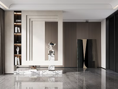 Modern Entryway Design With Mirror Marble Console Storage Shelves And Decorative Sculpture 3d model